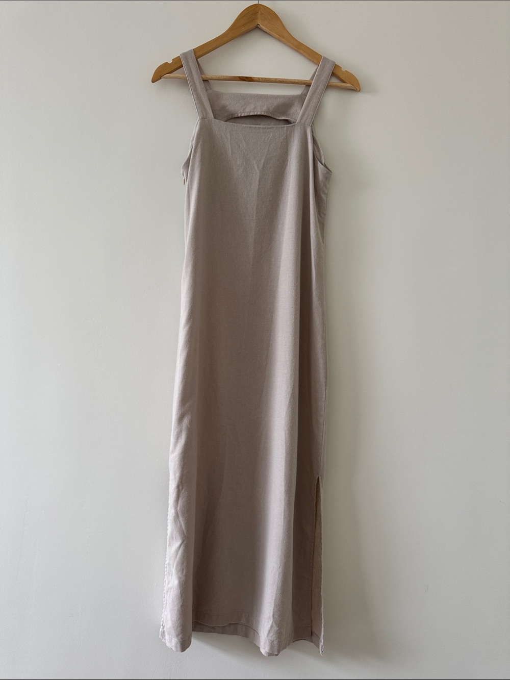 Commense Linen Blend Square Neck Maxi Dress Side Slits Beige Taupe XS Coastal - Picture 6 of 7